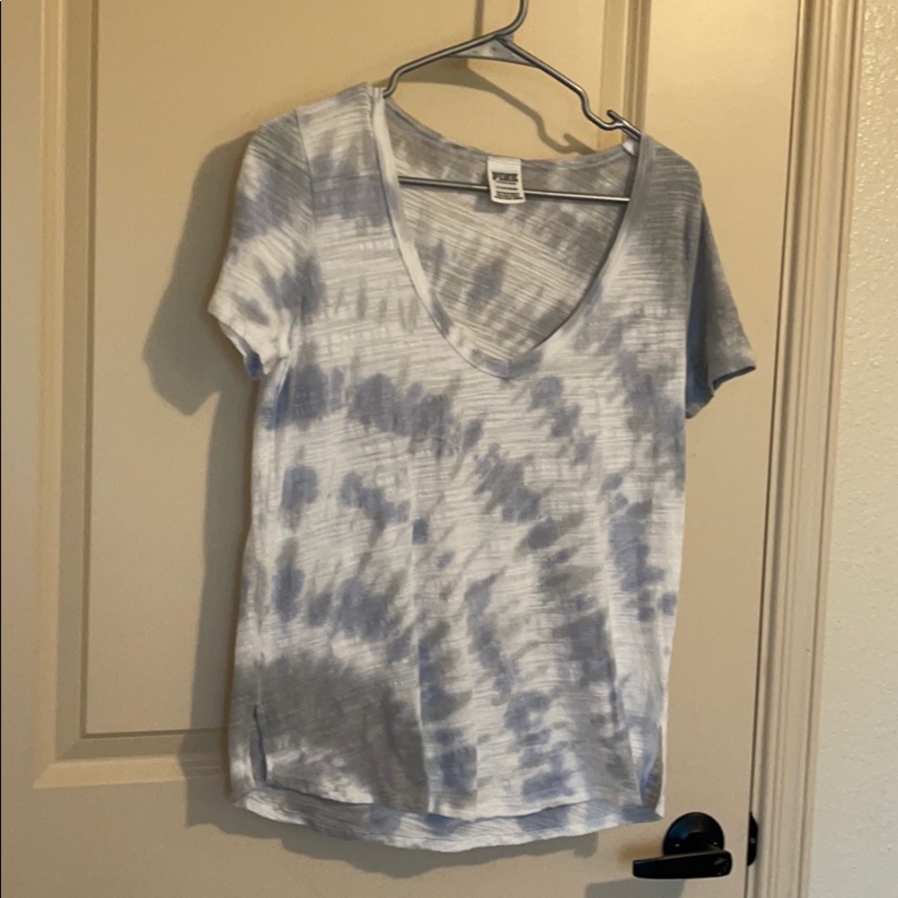 Pink brand light blue and white tee